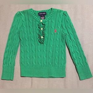 Ralph Lauren Polo Girls Bright Green Cable-Knit Ruffle Henley Sweater